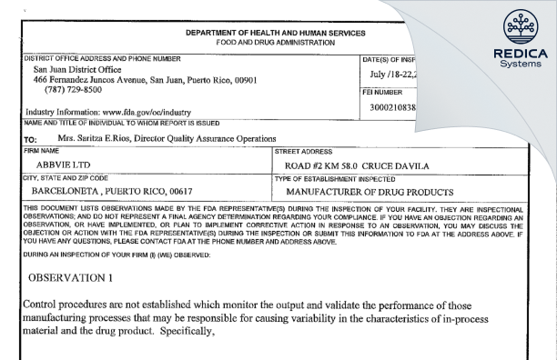 FDA 483 - AbbVie Ltd [Rico / United States of America] - Download PDF - Redica Systems