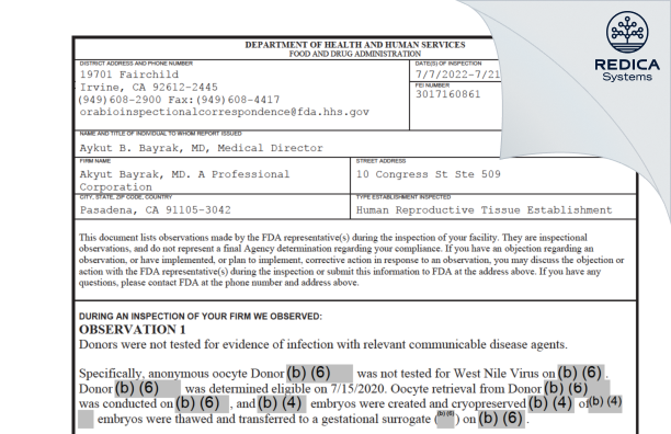 FDA 483 - Akyut Bayrak, MD. A Professional Corporation [Pasadena / United States of America] - Download PDF - Redica Systems
