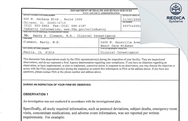FDA 483 - Barry Clemson, M.D. [Peoria / United States of America] - Download PDF - Redica Systems