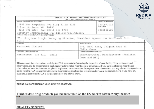 FDA 483 - Wockhardt Limited [Aurangabad / India] - Download PDF - Redica Systems