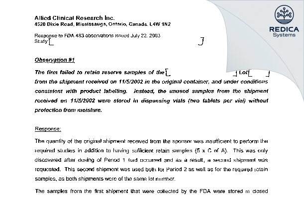 FDA 483 Response - Allied Clinical Research [Mississauga / Canada] - Download PDF - Redica Systems