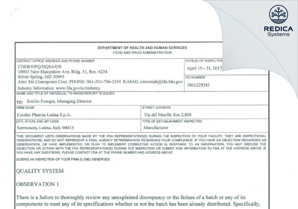 FDA 483 - Corden Pharma Latina S.p.A. [Italy / Italy] - Download PDF - Redica Systems