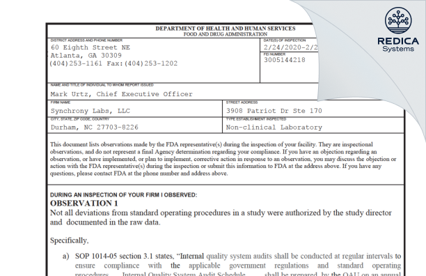 FDA 483 - Synchrony Labs, LLC [Durham / United States of America] - Download PDF - Redica Systems
