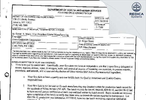 FDA 483 - Ames Goldsmith Corp [Glens Falls New York / United States of America] - Download PDF - Redica Systems