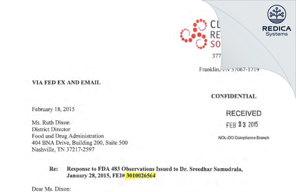 FDA 483 Response - Sreedhar Samudrala [Franklin / United States of America] - Download PDF - Redica Systems