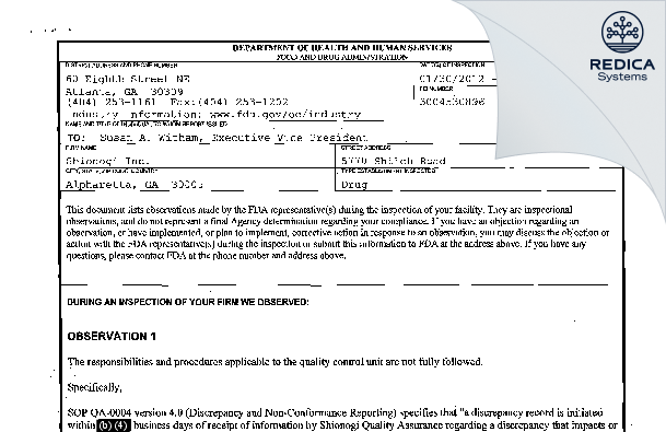 FDA 483 - Shionogi Inc. [Alpharetta / United States of America] - Download PDF - Redica Systems