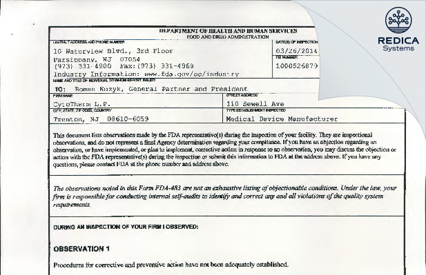 FDA 483 - CytoTherm L.P. [Trenton / United States of America] - Download PDF - Redica Systems
