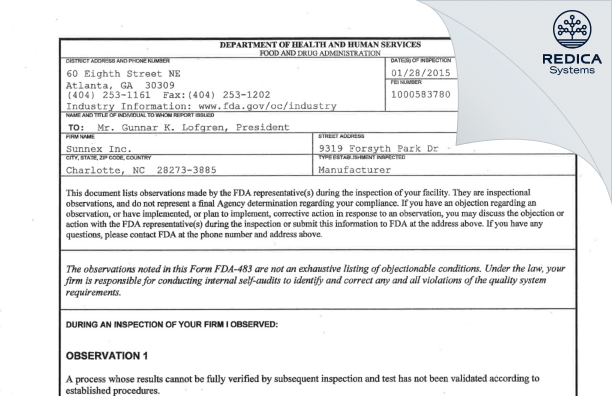 FDA 483 - Sunnex, LLC [Charlotte / United States of America] - Download PDF - Redica Systems