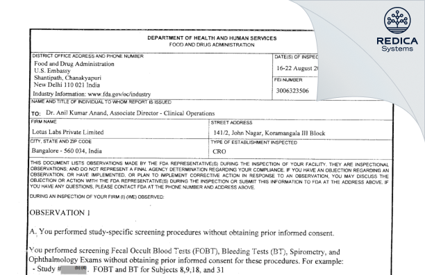 FDA 483 - Lotus Labs Private Limited [Bengaluru / India] - Download PDF - Redica Systems
