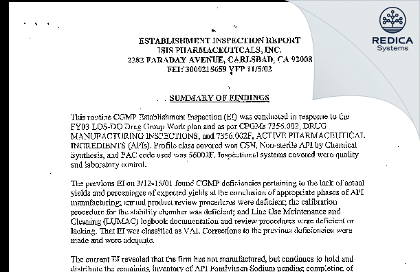 EIR - Ionis Pharmaceuticals Inc. [Carlsbad / United States of America] - Download PDF - Redica Systems
