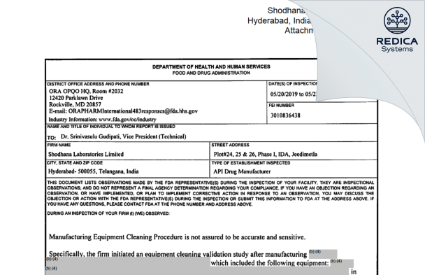 FDA 483 - SHODHANA LABORATORIES LIMITED [India / India] - Download PDF - Redica Systems