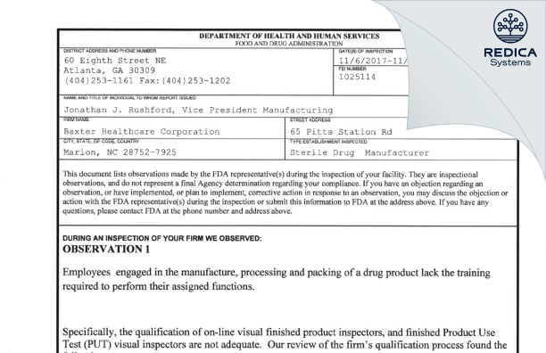 FDA 483 - Baxter Healthcare Corporation [Marion / United States of America] - Download PDF - Redica Systems