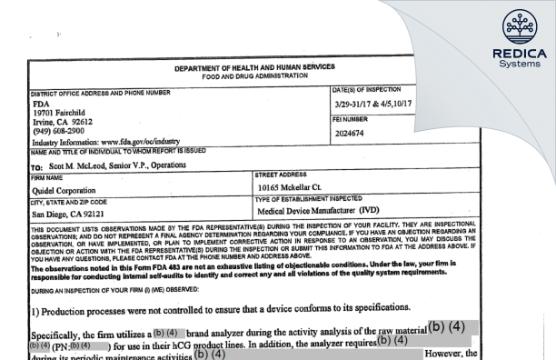 FDA 483 - Quidel Corporation [San Diego / United States of America] - Download PDF - Redica Systems