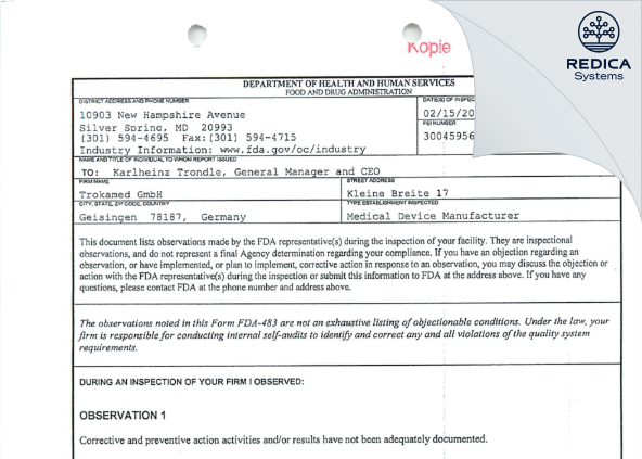 FDA 483 - Trokamed GmbH [Geisingen / Germany] - Download PDF - Redica Systems