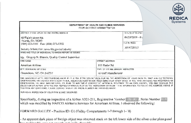 FDA 483 - American Airlines [Greensboro / United States of America] - Download PDF - Redica Systems