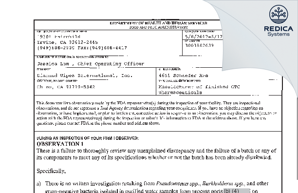 FDA 483 - Diamond Wipes International, Inc. [Chino / United States of America] - Download PDF - Redica Systems