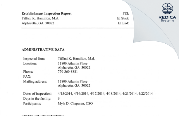 EIR - Tiffani K. Hamilton, M.d. [Alpharetta / United States of America] - Download PDF - Redica Systems