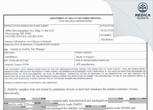 FDA 483 - Sanofi Chimie [France / France] - Download PDF - Redica Systems