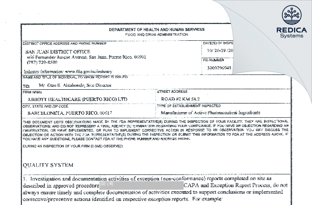 FDA 483 - Abbott Healthcare (Puerto Rico) Ltd. [Barceloneta / United States of America] - Download PDF - Redica Systems
