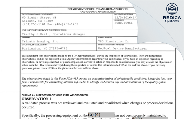 FDA 483 - Tripath Imaging, Inc. [Burlington / United States of America] - Download PDF - Redica Systems