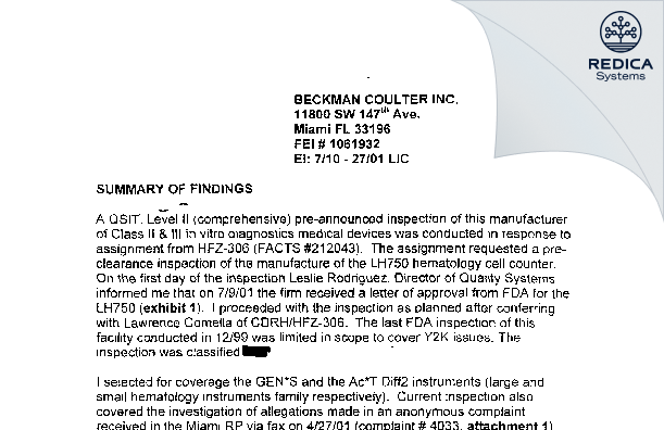 EIR - Beckman Coulter, Inc. [Miami / United States of America] - Download PDF - Redica Systems