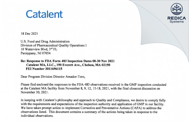 FDA 483 Response - Catalent Massachusetts, LLC [Chelsea Massachusetts / United States of America] - Download PDF - Redica Systems
