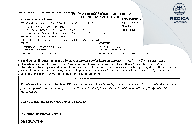 FDA 483 - Drummond Scientific Company [Broomall / United States of America] - Download PDF - Redica Systems