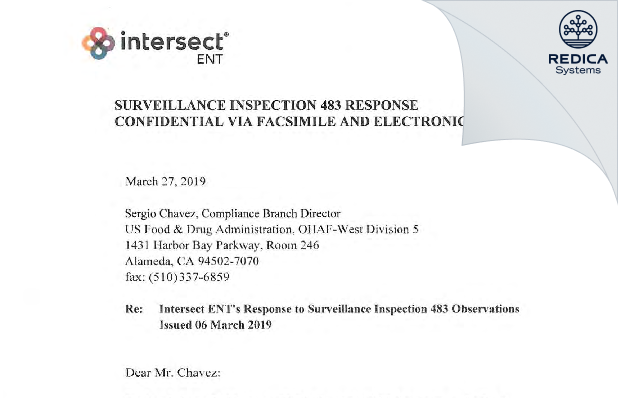 FDA 483 Response - Intersect ENT, INC. [Menlo Park / United States of America] - Download PDF - Redica Systems