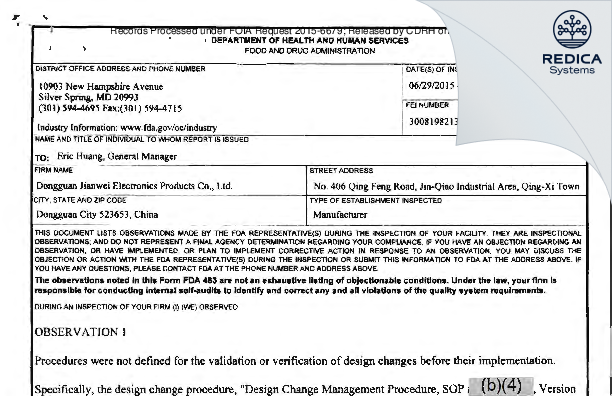 FDA 483 - Dongguan Jianwei Electronics Products Co., Ltd. [Dongguan City / China] - Download PDF - Redica Systems