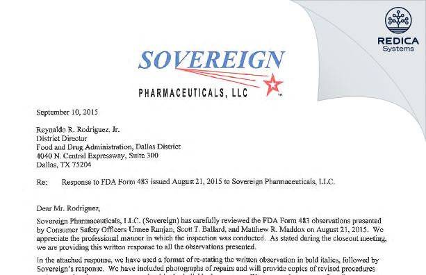 FDA 483 Response - Sovereign Pharmaceuticals, LLC [Fort Worth / United States of America] - Download PDF - Redica Systems