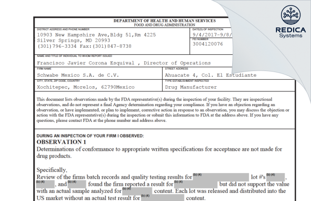 FDA 483 - Schwabe Mexico, S.A. de C.V. [Mexico / Mexico] - Download PDF - Redica Systems