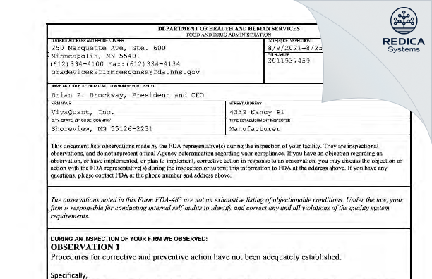 FDA 483 - VivaQuant, Inc. [Arden Hills / United States of America] - Download PDF - Redica Systems
