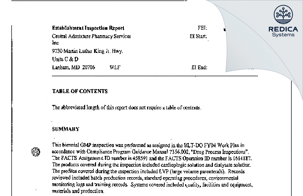 EIR - Central Admixture Pharmacy Services Inc [Beltsville / United States of America] - Download PDF - Redica Systems