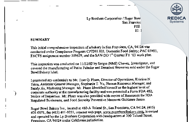 EIR - Ly Brothers Corporation [Hayward / United States of America] - Download PDF - Redica Systems