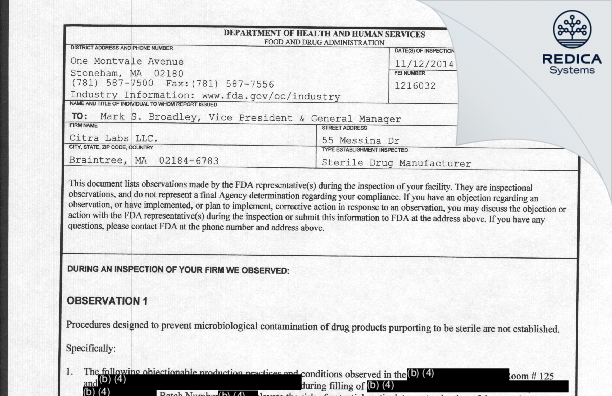 FDA 483 - Citra Labs, LLC [Braintree / United States of America] - Download PDF - Redica Systems