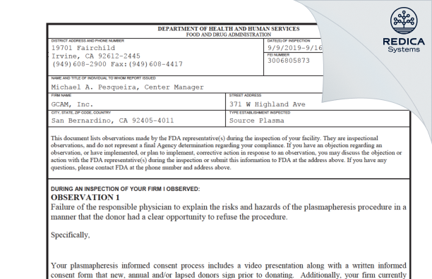 FDA 483 - GCAM, Inc. [San Bernardino / United States of America] - Download PDF - Redica Systems
