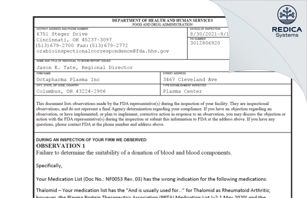 FDA 483 - Octapharma Plasma Inc [Columbus / United States of America] - Download PDF - Redica Systems