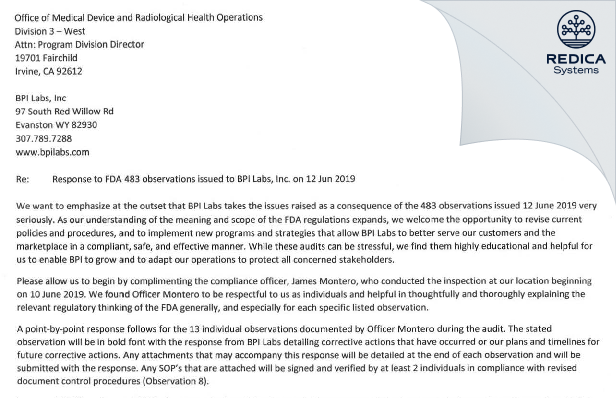 FDA 483 Response - BPI Labs [Evanston / United States of America] - Download PDF - Redica Systems