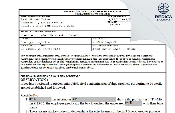 FDA 483 - Crosbys Drugs Inc [Columbus / United States of America] - Download PDF - Redica Systems