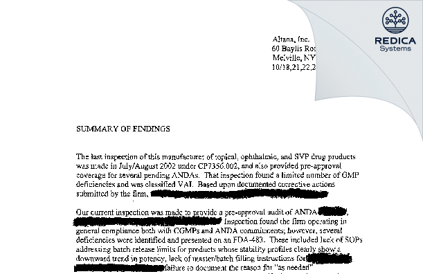 EIR - Fougera Pharmaceuticals Inc. [New York / United States of America] - Download PDF - Redica Systems