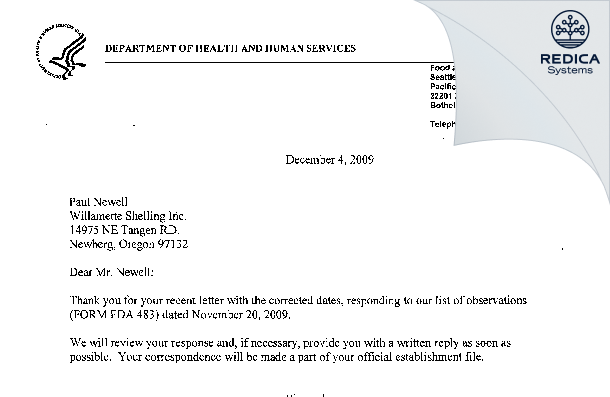FDA 483 Response - Willamette Shelling Inc [Newberg / United States of America] - Download PDF - Redica Systems