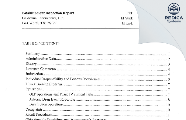 EIR - Galderma Laboratories, L.P. [Dallas / United States of America] - Download PDF - Redica Systems