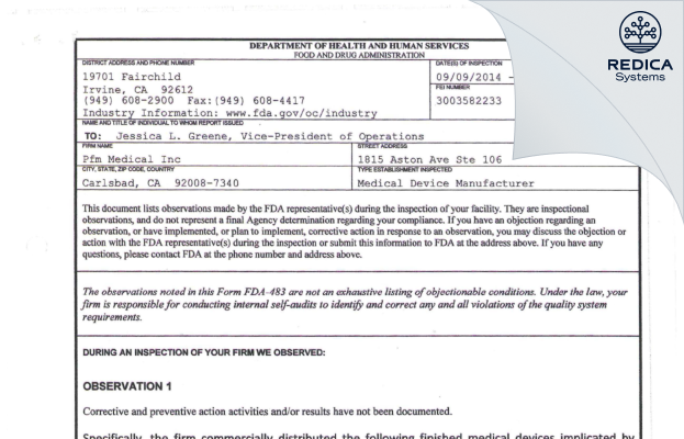 FDA 483 - Pfm Medical Inc [Carlsbad / United States of America] - Download PDF - Redica Systems