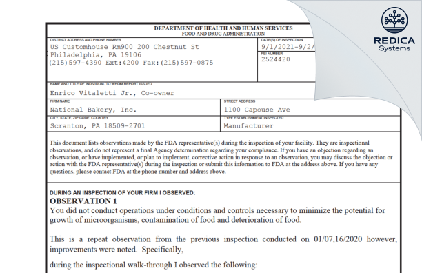 FDA 483 - National Bakery, Inc. [Scranton / United States of America] - Download PDF - Redica Systems