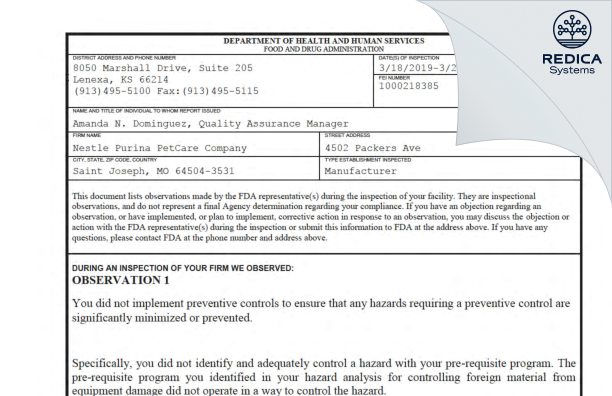 FDA 483 - Nestle Purina PetCare Company [Saint Joseph / United States of America] - Download PDF - Redica Systems