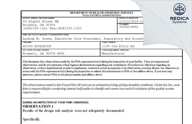FDA 483 - AZIYO BIOLOGICS [Roswell / United States of America] - Download PDF - Redica Systems