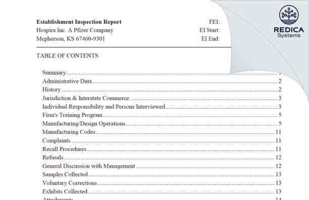 EIR - Hospira, Inc. [Mcpherson / United States of America] - Download PDF - Redica Systems
