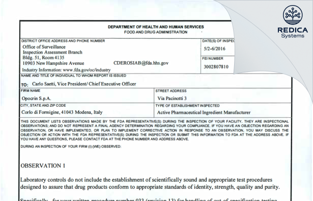 FDA 483 - OPOCRIN SPA [Italy / Italy] - Download PDF - Redica Systems