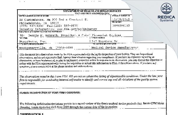 FDA 483 - PhotoMedex, Inc. [Horsham / United States of America] - Download PDF - Redica Systems