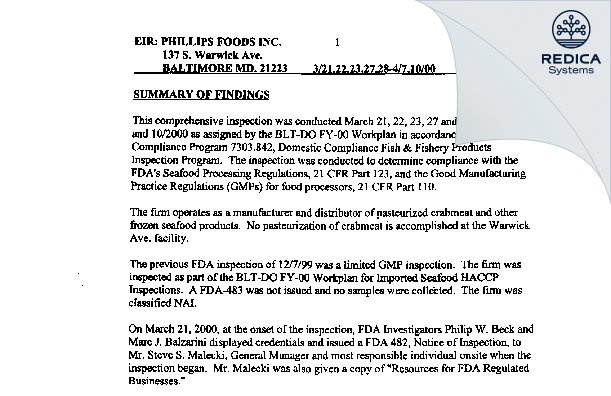 EIR - Phillips Foods, Inc. [Baltimore / United States of America] - Download PDF - Redica Systems